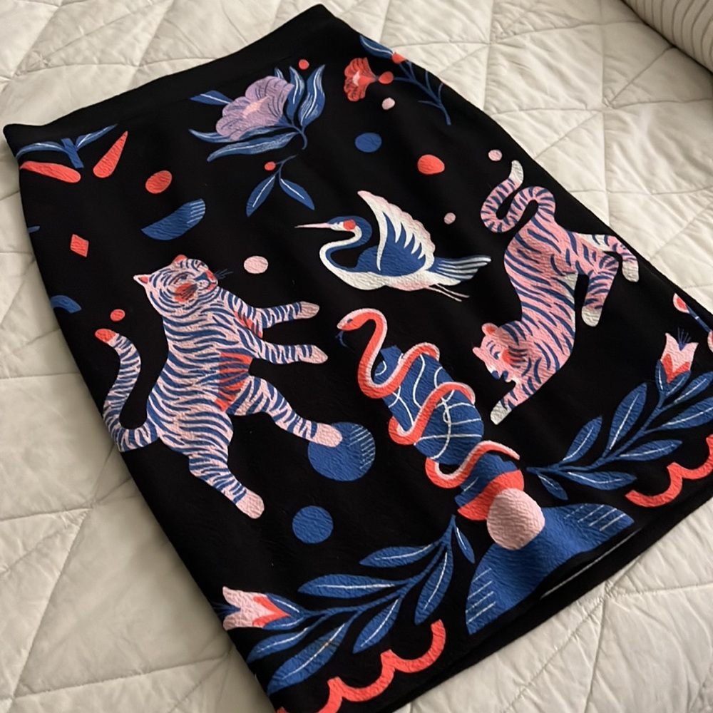 Anthropologie Black Skirt with Vibrant Animal Print